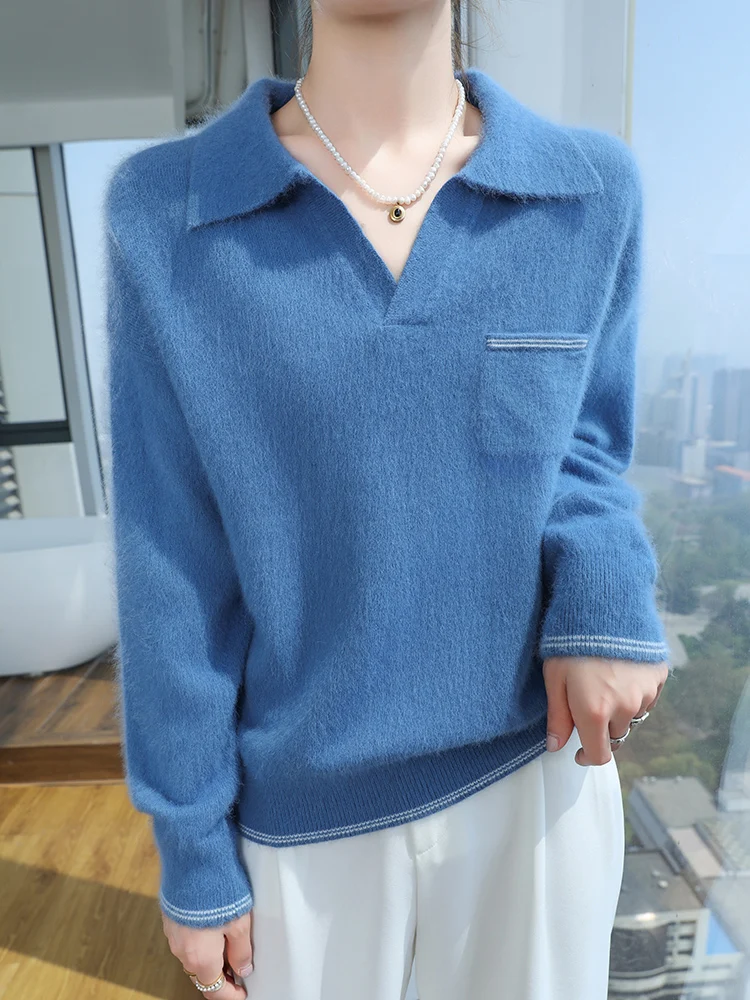 

TLOML New Women's 100% Mink Cashmere Sweater Polo Collar Pocket Pullover Casual Autumn Winter Soft Warm Mink Cashmere Comfy Tops
