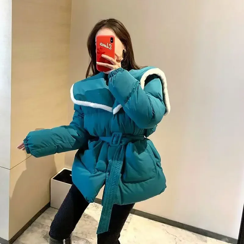 New Fashion Blue Parkas Women Turn Collar Loose Casual Coats Slim Wiast Puff Coat Commuter Student Oversized Parkas with Sashes