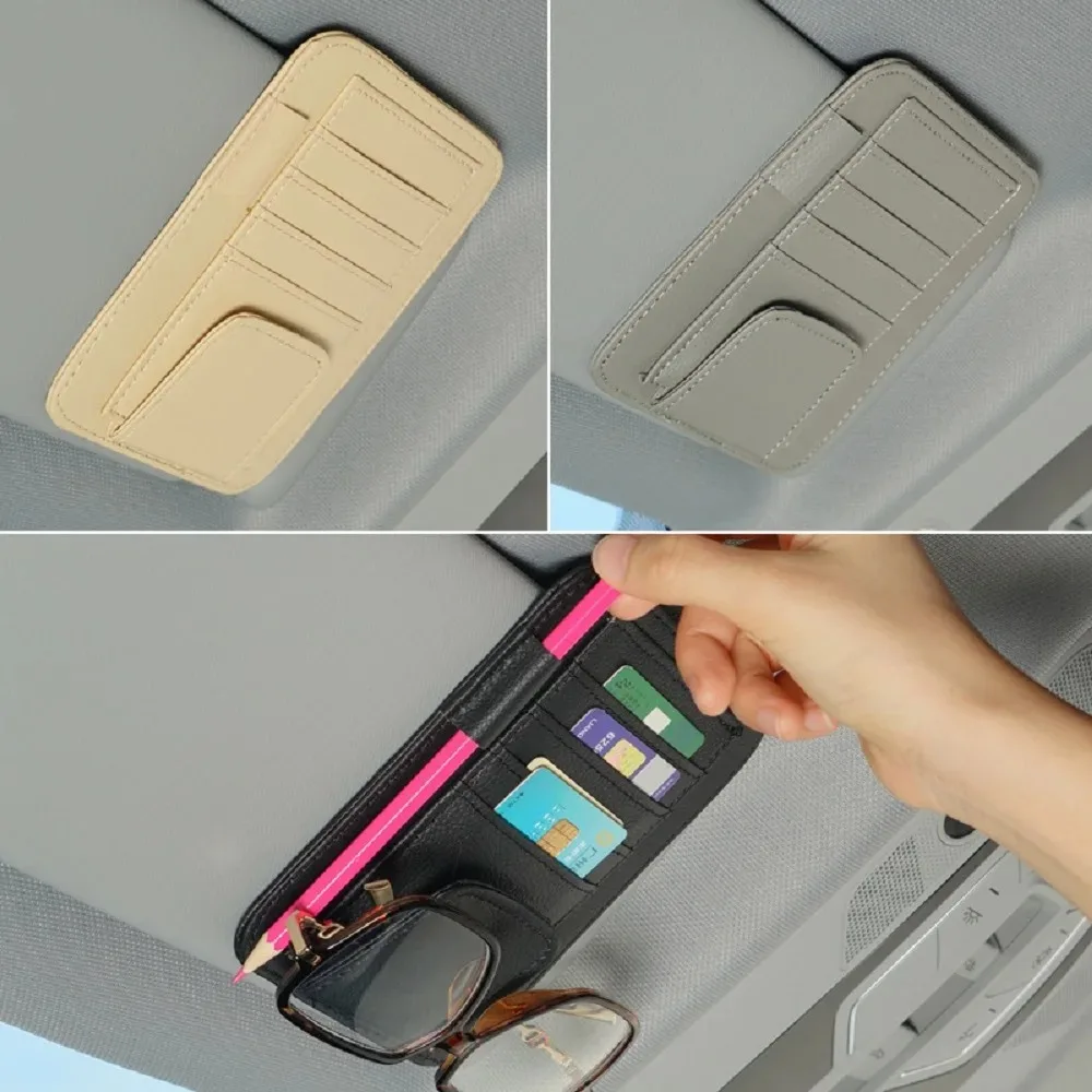 Car Sun Visor Organizer Multi-Pocket Leather Glasses Clip Holder Auto Sunshade Card IC Sunglasses Storage Bag Pen Holder