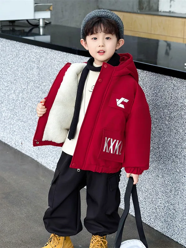 

Thiened Rabbit Fur Cotton Jaet for Boys Hooded Parka Coat Winter Warm Youth Faion Long Sve Zipper Closure Casual Wear