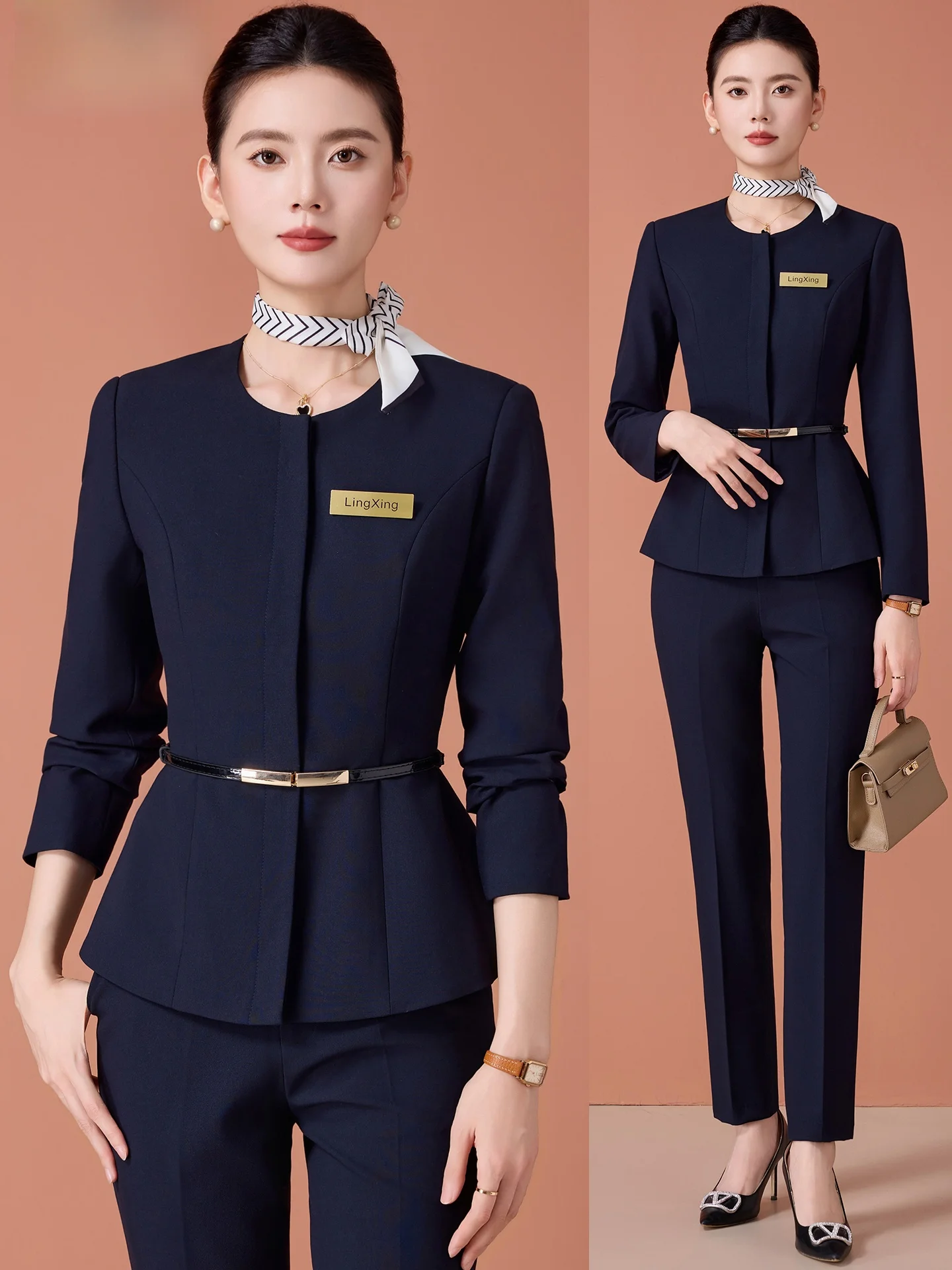 

Elegant Royal Blue Suit Set for Women Commute Style Slim Fit Long Sleeve Button up JiuJiaOFang Polyester Fiber Workwear
