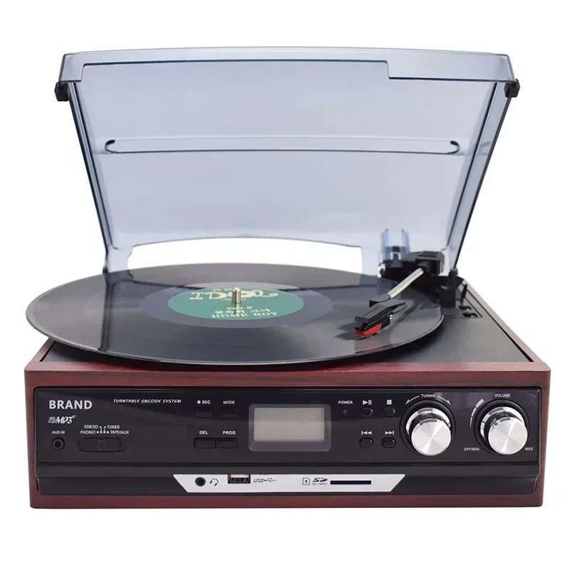 3 Speed Bluetooth Turntable for Vinyl LP Records with Built in Speakers AM FM Radio Cassette Player USB SD Recording Function