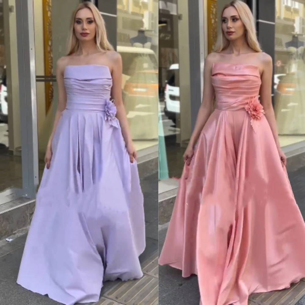 Exquisite Jersey Flower Ruched A-line Strapless Long Dresses Prom Dresses High Quality Sexy Sparkle  Sizes Available Matching