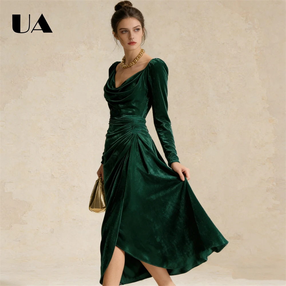 

Velvet Midi Dress: Cowl V-Neck, Long Puff Sleeves & Asymmetrical Slit Hem – Luxurious Soft Velour Fabric Gala Events Dress