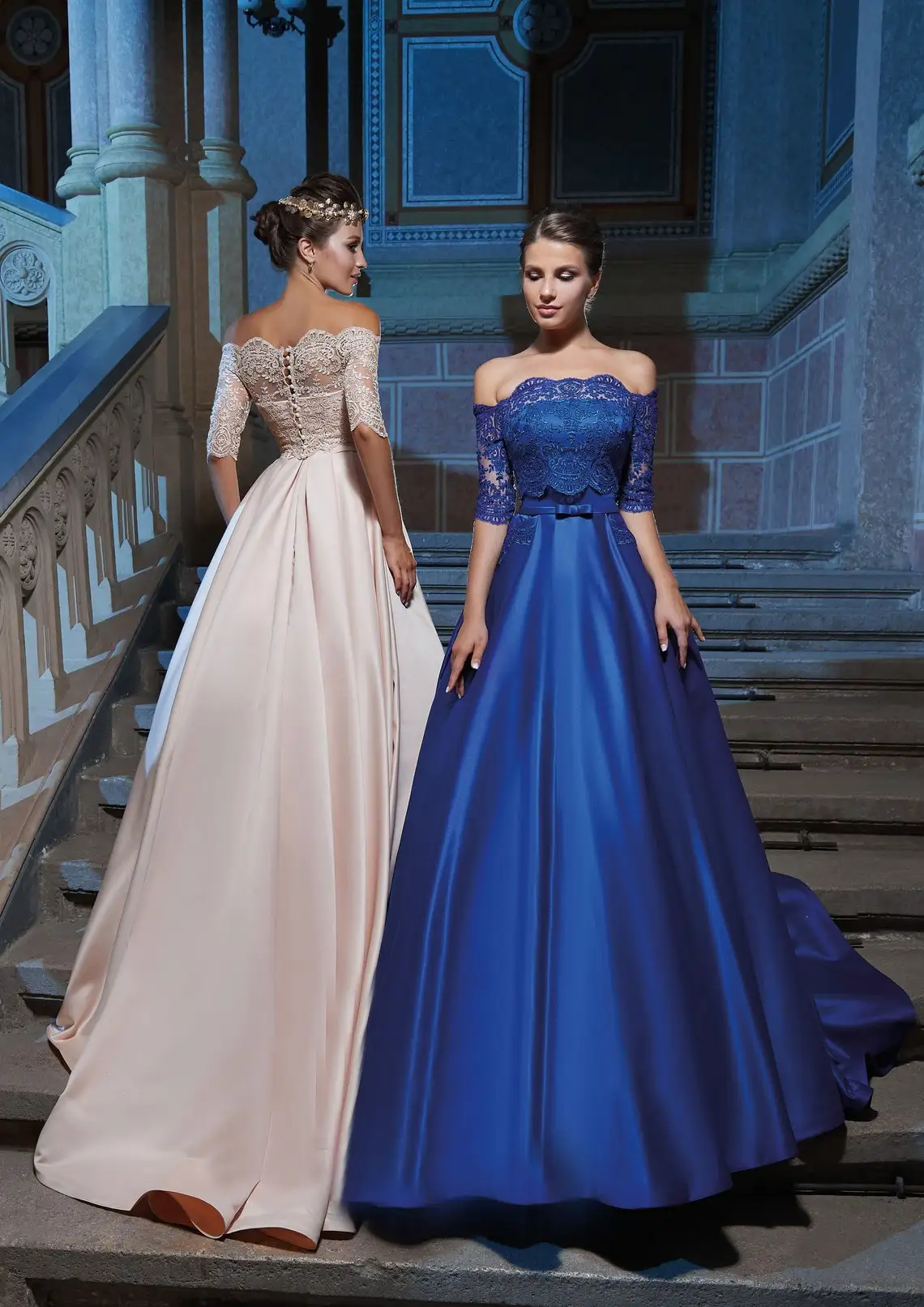 Royal Blue Evening Dress 2023 Off Shoulder 3/4 Three Quarter Sleeves Satin Lace Applique Prom Gown Formal Party Occasion Dress