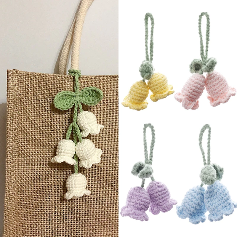 Handmade Flower Knitted Keychain Keyring Women Crocheted Wool Flower Leaf Bag Pendants Car Key Ring Fresh Handbag Charms Gifts