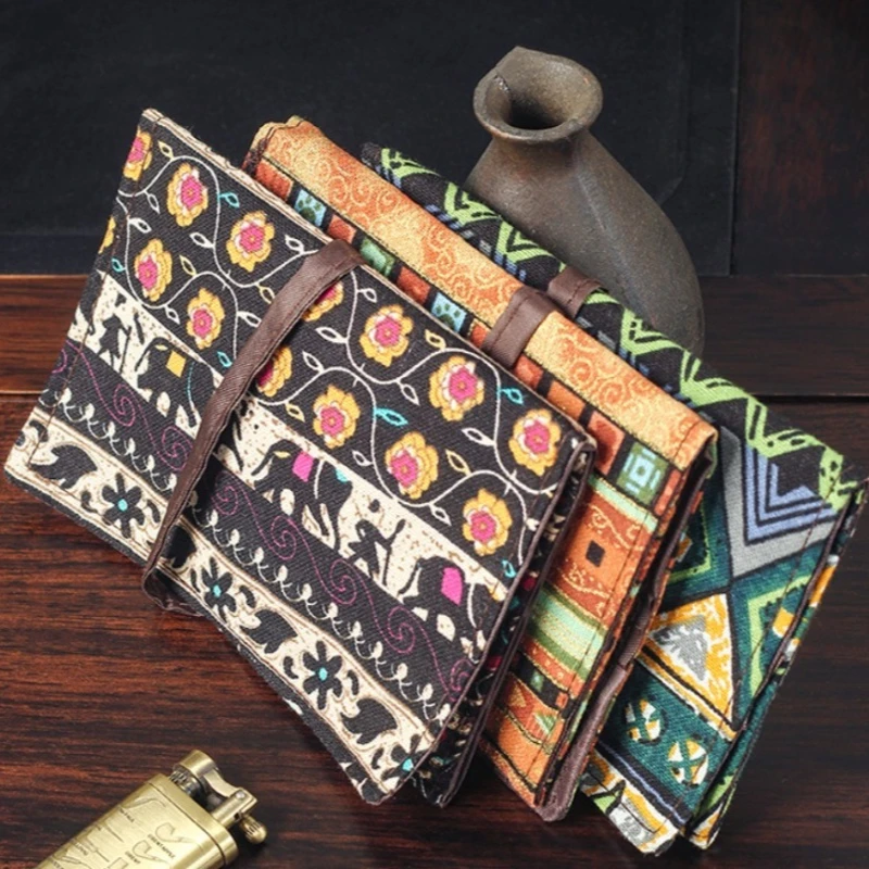 Soft Fabric Practical Capacity Rolled Tobacco Bag Rope Fastening Foldable Layout Household Use Pipe Enthusiasts Ethnic Ornament