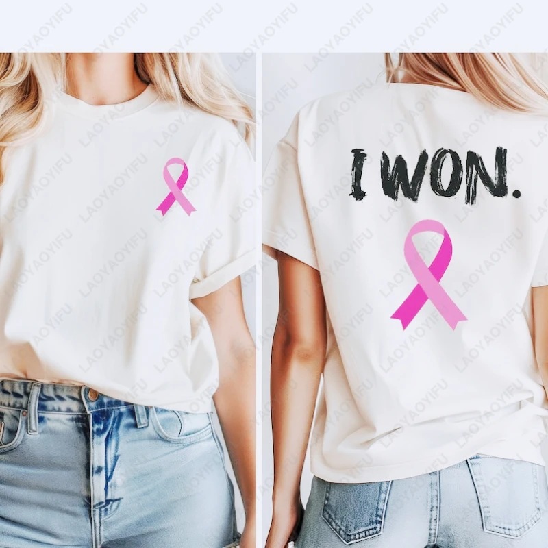 فزت الوعي بالسرطان ملابس الثدي دعم الأمل هدية الرجال النساء القطن Camisetas أسلوب بسيط الوردي الشريط نمط سيدة التي شيرت #1