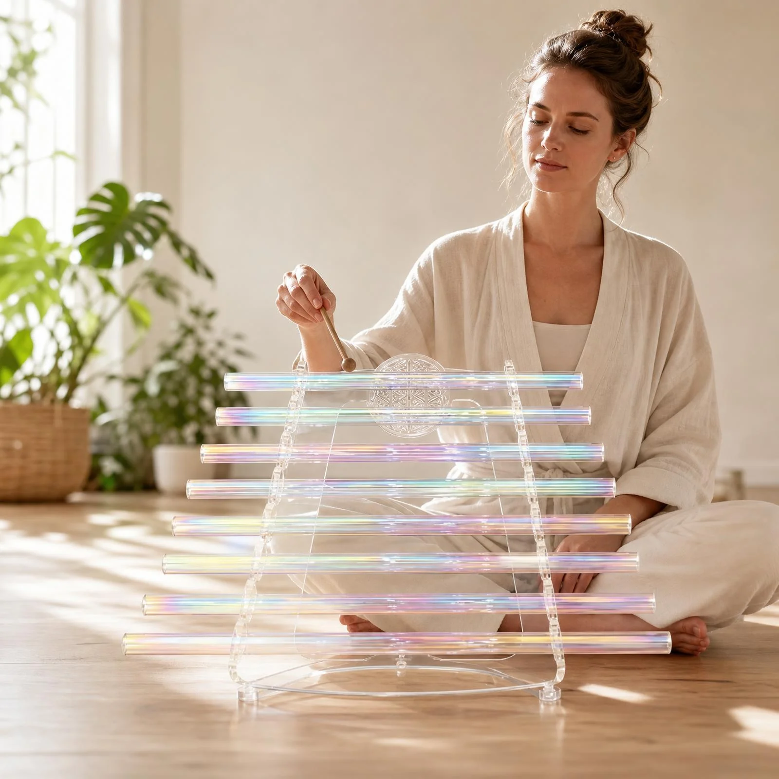 STAR LINKUP Aurora Iridescent Quartz Crystal Singing Harp 8 Tubes Sound Healing Instrument for Yoga Meditation Sound Bath