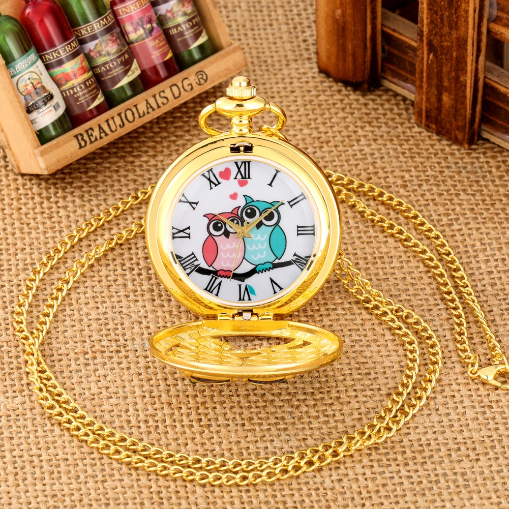 Charming Diamant-verkrustete Luxus Eule Goldene Handwerk Kunstwerk Hohl Quarz Taschenuhr Halskette Pullover Anhänger Kette Uhr