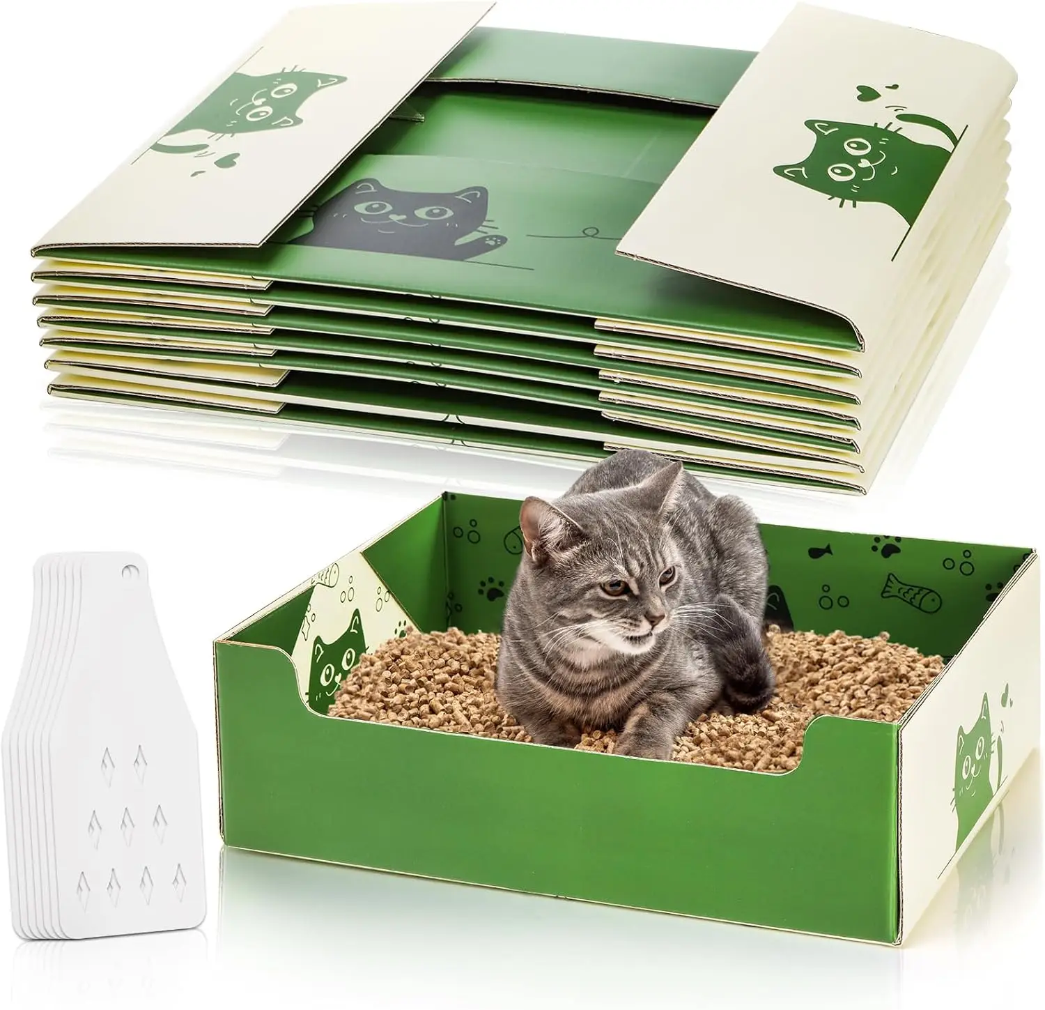 8 cajas de arena desechables para gatos con cuchara, doble capa impermeable, 14,8 x 11,6 x 4,7 pulgadas