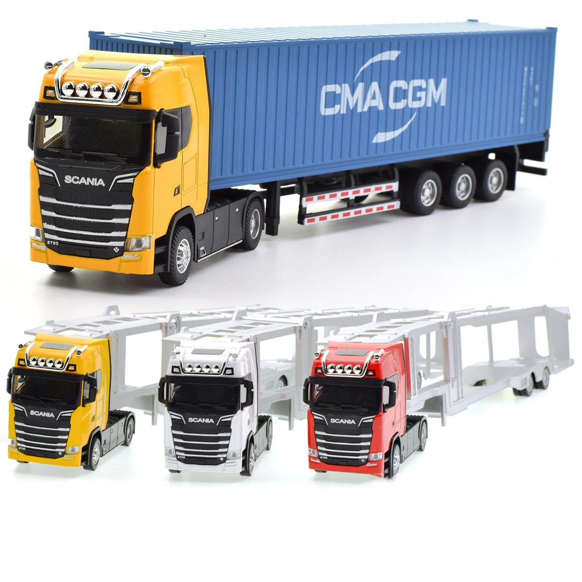 SCANIA-Diecast Metal Container Truck Toy, Puxar Para Trás Modelo, Som e Luz, Brinquedos Do Carro De Reboque, Presentes De Natal, 1:50