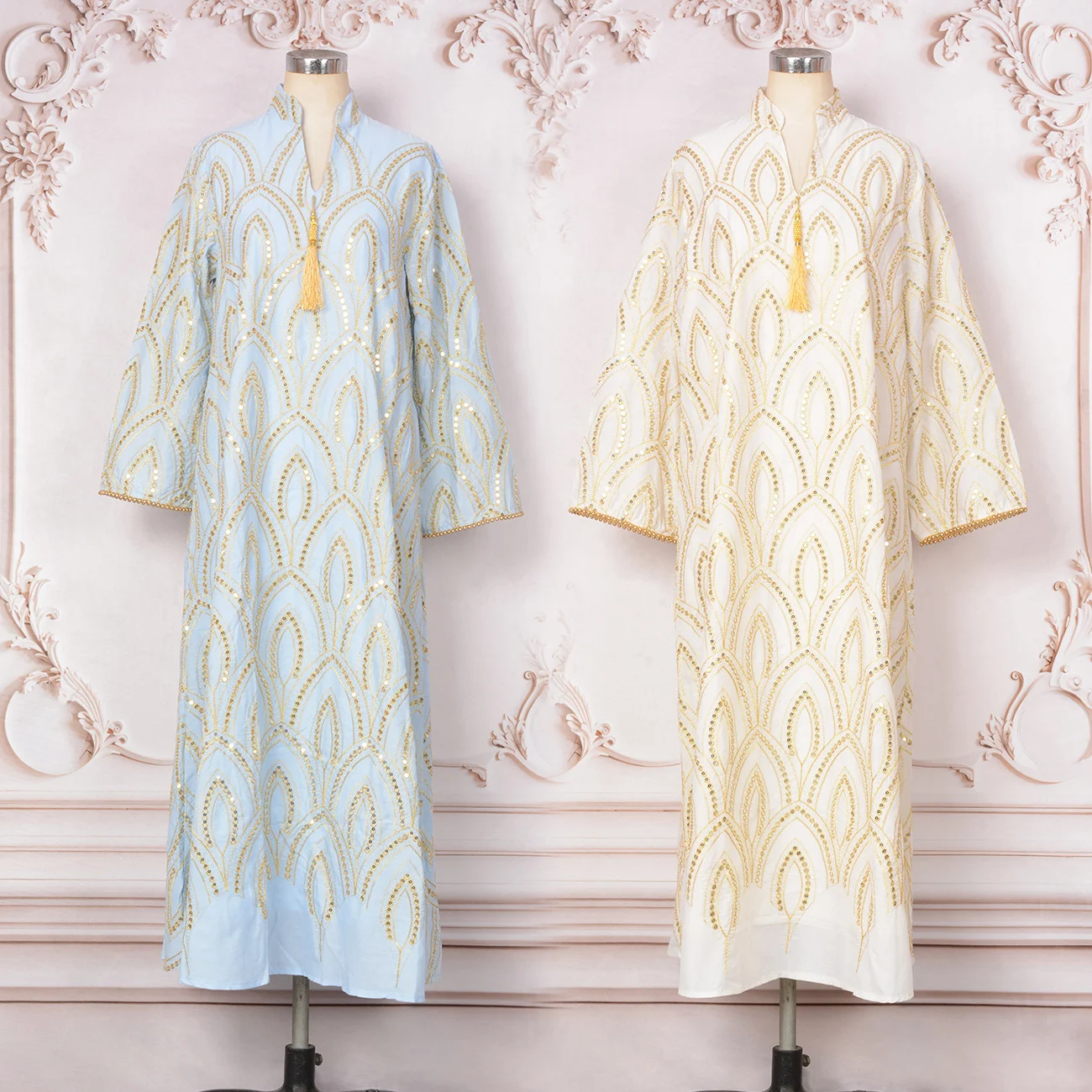 Party Dubai Abaya Dress for Women, Golden Embroidery & Sequins & Beads Embellished Arabic Dress Jalabiya Ramadan Islamic Clothes