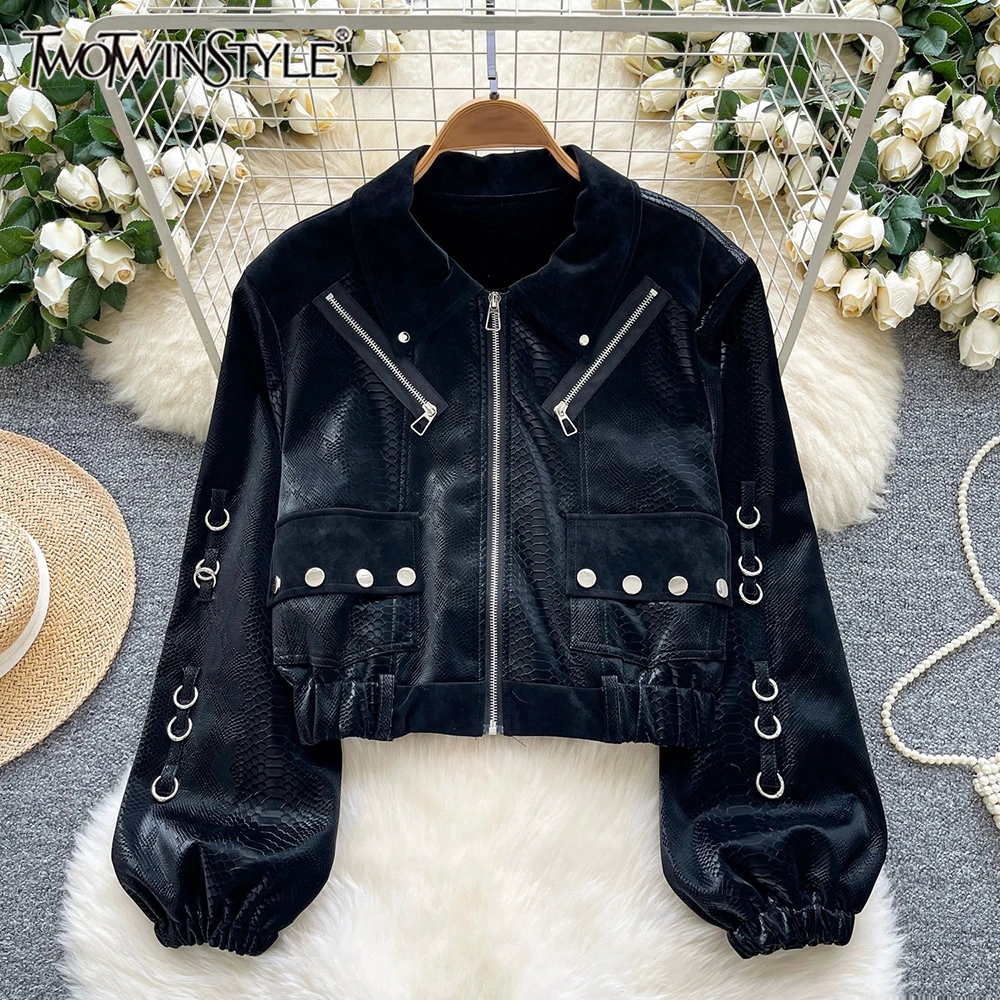 

TWOTWINSTYLE Свободные куртки из искусственной кожи для женщин с круглым вырезом и длинными рукавами на молнии, дизайнерское однотонное пальто, женское новое KJA550000