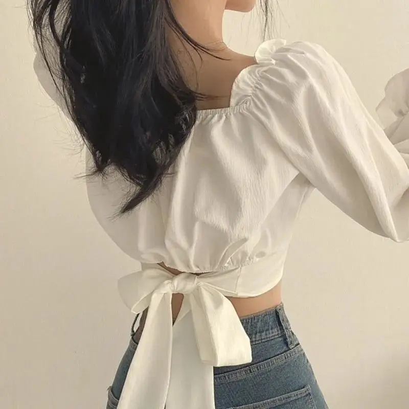 Spring New Style Bubble Sleeve Square Neck Shirt Women French Bow Long Sleeved White Shirt Cool Style Top