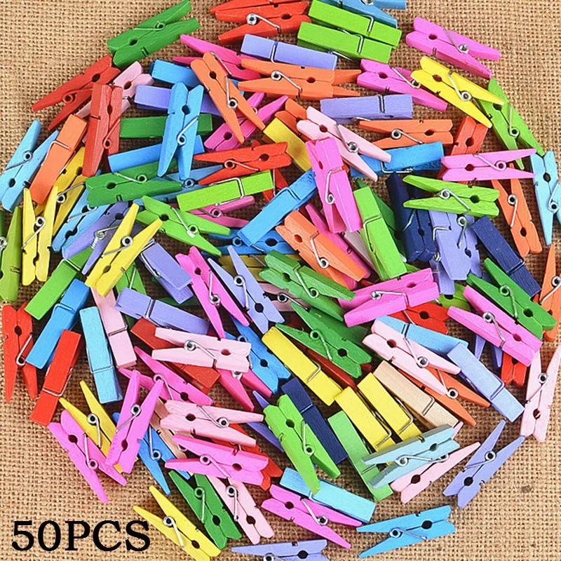 

50pcs Mini Colorful Wooden Clip Office Supplies Photo Memo Pin DIY Craft Decoration Clips Length 3.5cm