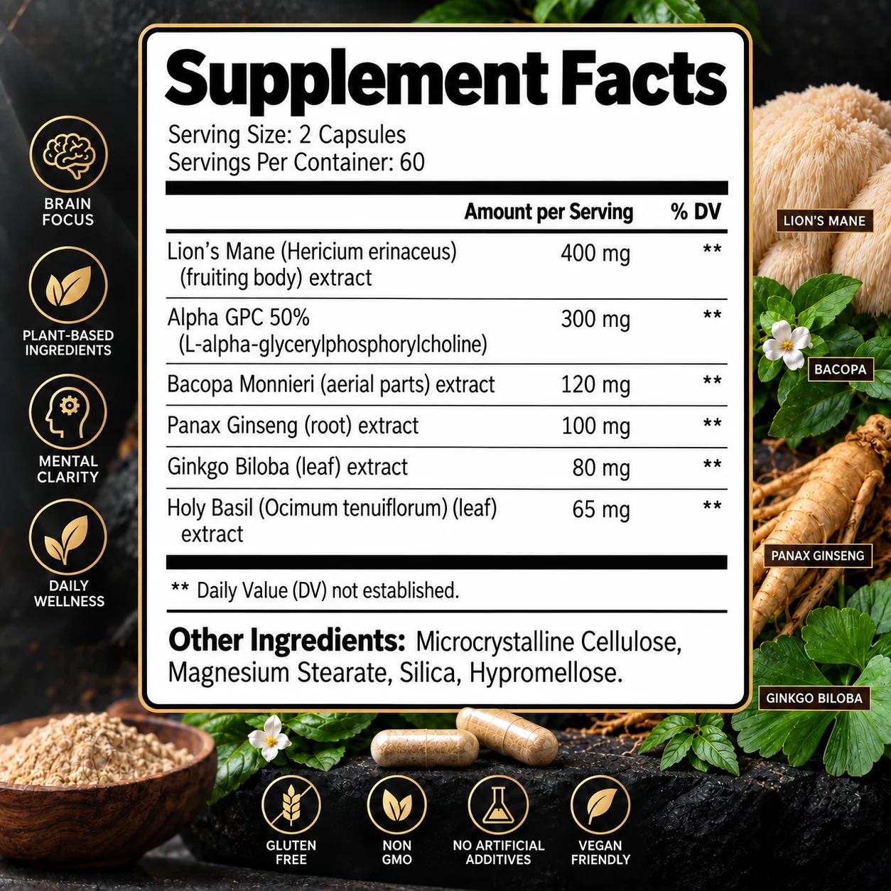 Nootropic Brain Focus Capsules - Support Brain Mental Clarity & Memory Learning Efficiency