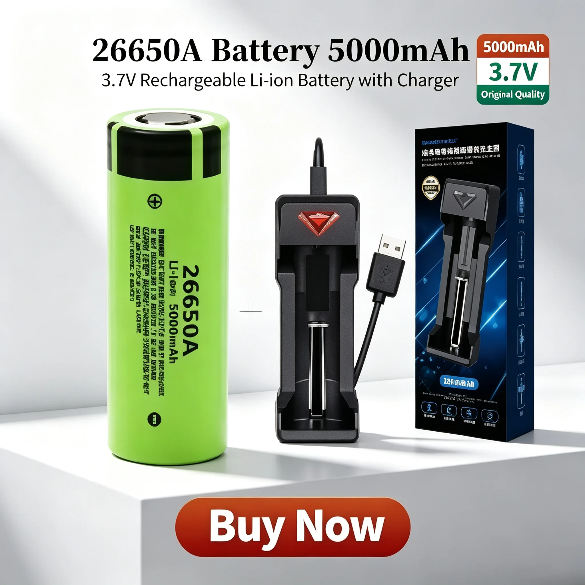 26650A 5000mAh High Capacity 50A High Drain Lithium Ion Battery 3.7V Rechargeable for LED Flashlight With Charger Power Battery