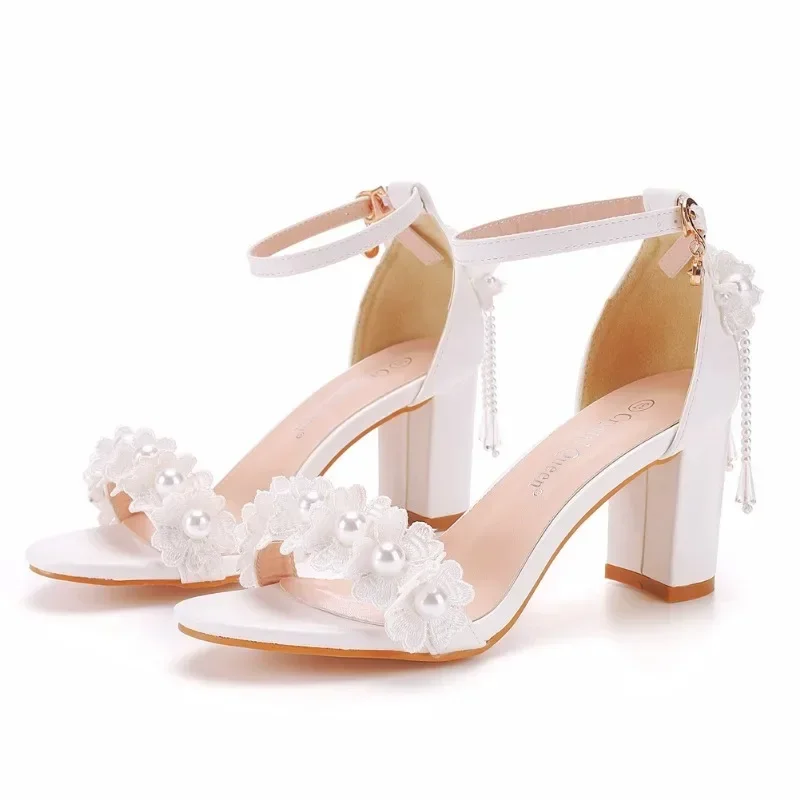 Women Pumps Sandals Wedding String Bead Buckle Strap PU 7CM Square Heel Classics Dress Women Dress Sandals Shoes White