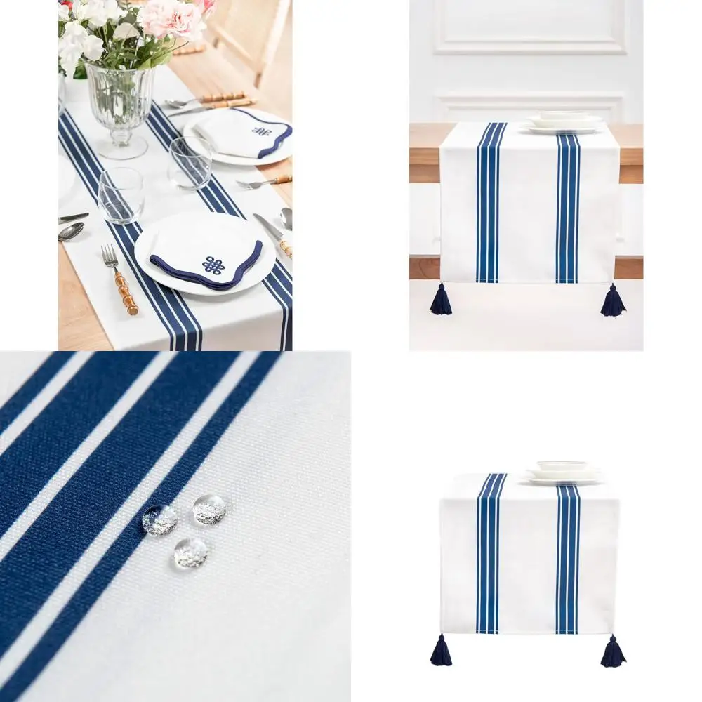 

Синяя скатерть-дорожка для уличного стола, 18 x 108, водонепроницаемая, с полосками и кисточками