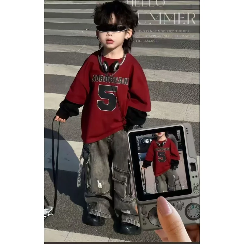 Boys Cotton Set 2026 Spring Autumn New Korean Children's Baby Fashion Color Blocked Sweatshirt+Cowboy Cargo Pant 2pcs Set