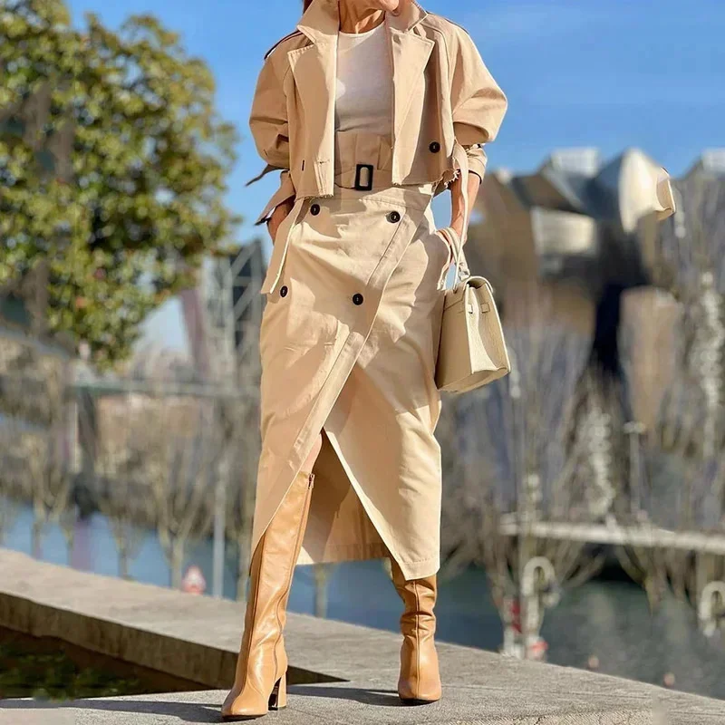 Fashion Office Lady Tracksuit Street Wear Cargo Skirt Sets Long Sleeve Jacket And Wrap High Split Skirts Suit Two Piece Outfits