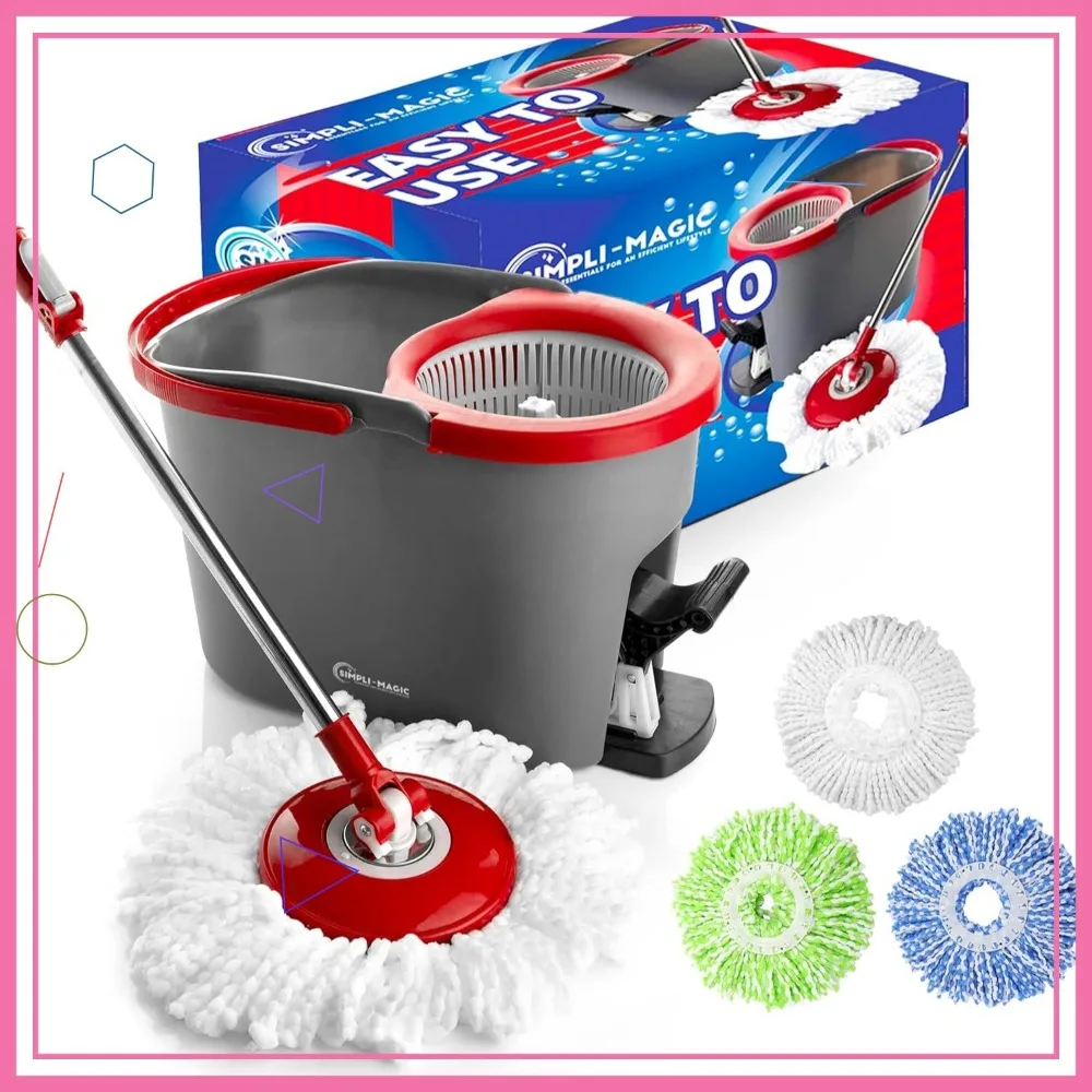 

Spin Mop Cleaning System with 3 Washable Microfiber Heads, Red/Gray and Red/Black Options