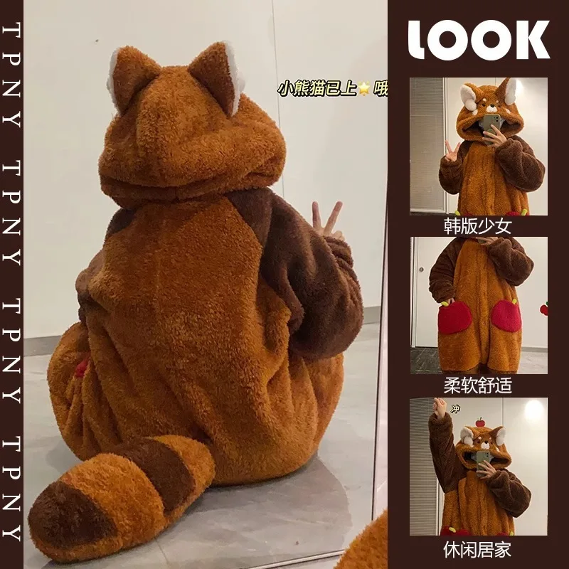 

Cartoon Red Panda Coral Fleece Onesie Pajamas Raccoon Women Thickened Winter Autumn Hooded Sleep Robe Apple Pockets Loungewear