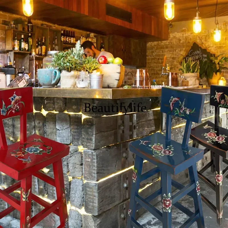 Modern Simple Solid Wood Bar Stool High Foot Four Legs Home Fashion High Chair for Living Room Kitchen Counter