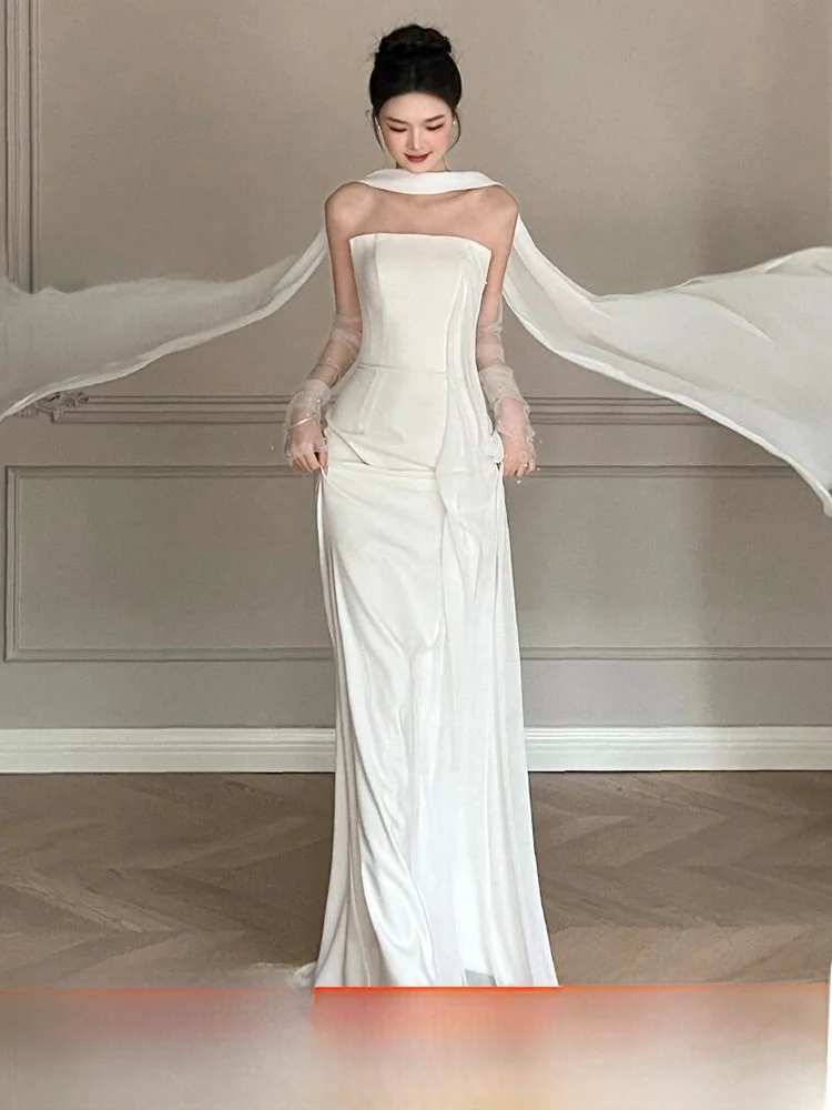 

Ele White Satin Bridal Gown Strapl Wedding Dr Simple Sle Engagement Par Women's Clothing Morning Robe