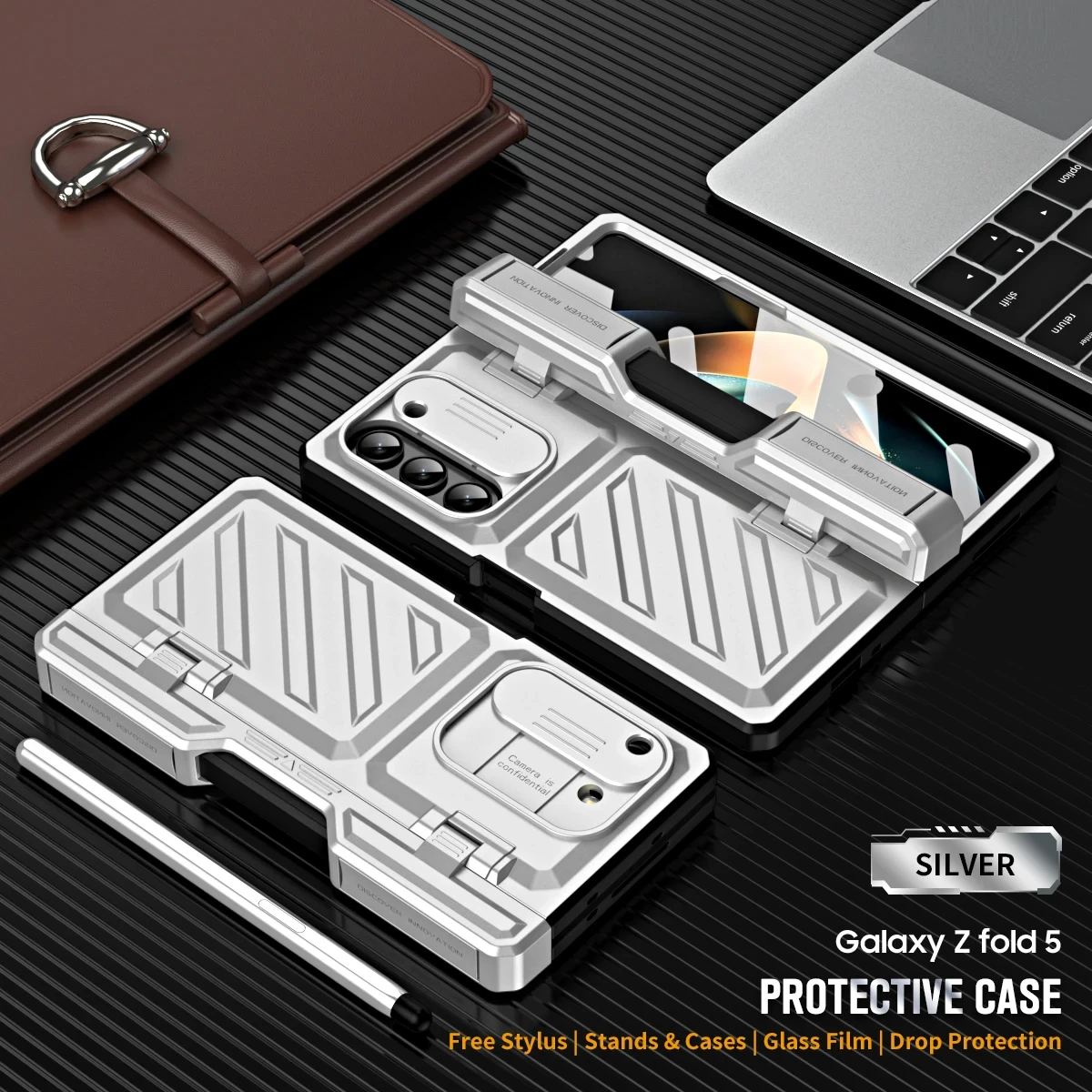 Hard Armor Case met standaard Schermfilm voor Samsung Galaxy Z Fold 6 5-voudig 4 5G Scharnierbescherming Glijdende cameratas met S Pen