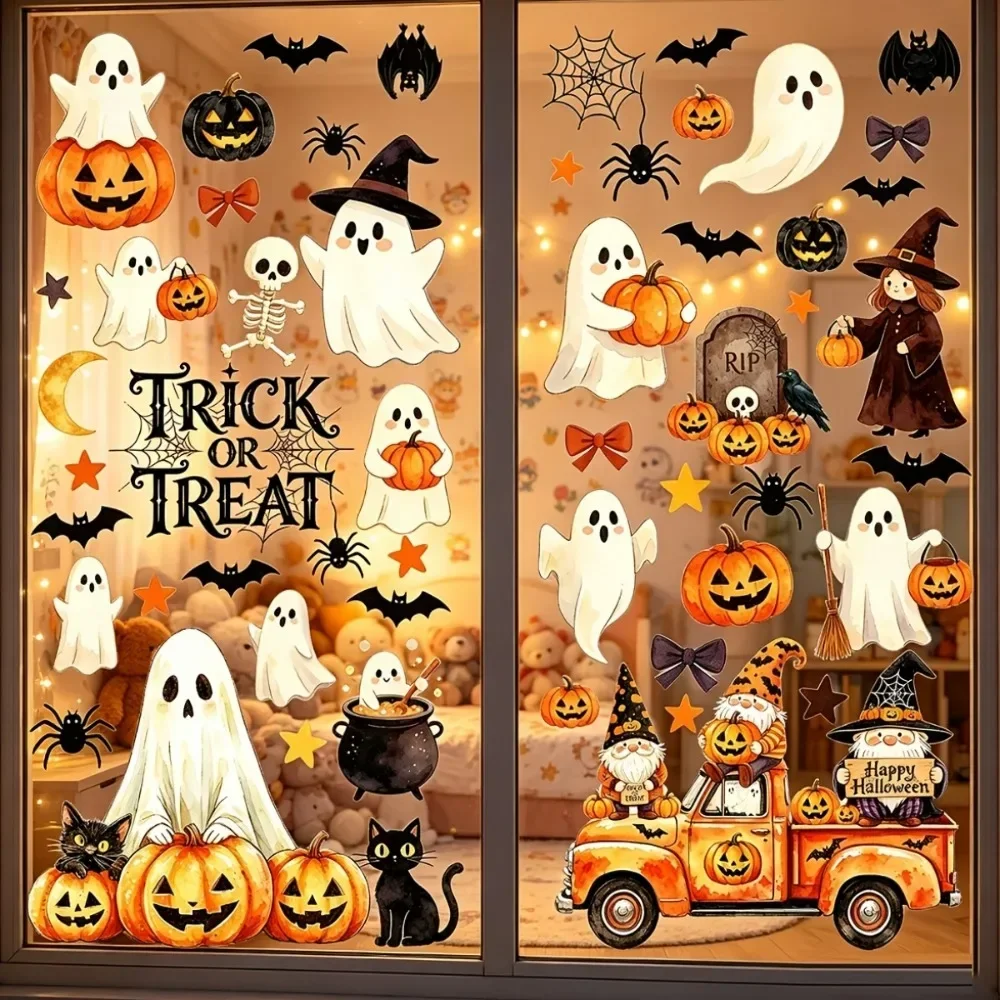 6 Blätter mit 56 einzigartigen Designs für Halloween, statische Fensterfolien, Aquarell-Kürbis, Geist, Hexe, Gnom, Lastwagen, schwarze Katze, Spinne – Detail 4