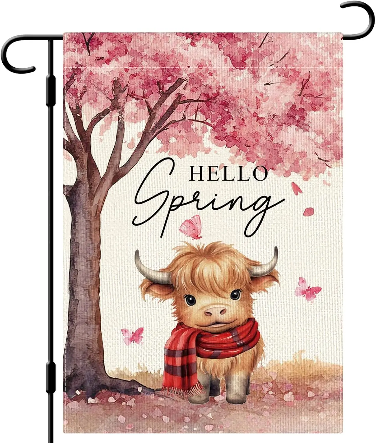 DLZDN Hello Spring Highland Cow Garden Flag Cherry Blossom Floral Butterfly Flag 12×18 Inch Double Side Vertical Burlap Farm jjp