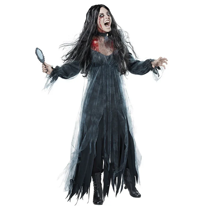 Adult Women Halloween Scary Zombie Ghost Bride Fancy Dress Graveyard Corpse Costume Black Split Long Dress