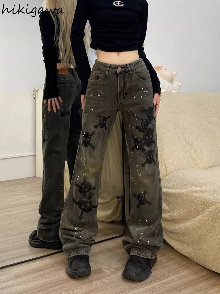 

Vintage Jeans Streetwear Harajuku Skull Tunic Wide Leg Pants Women High Waist Straight Casual Denim Trousers Y2k Pantalon Femme