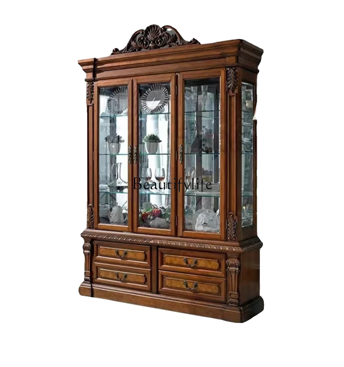 

American solid wood three-door wine cabinet, living room against the wall glass door display locker