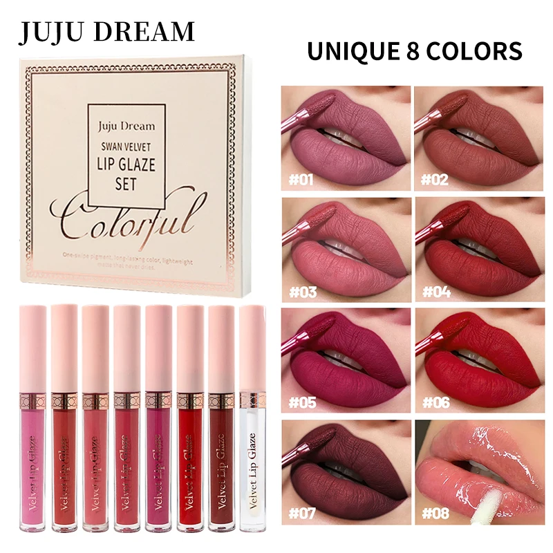 Juego de lápiz labial líquido mate, 7 colores, brillo de labios duradero e resistente al agua, esmalte de labios de taza antiadherente, tinte de labios mate de terciopelo