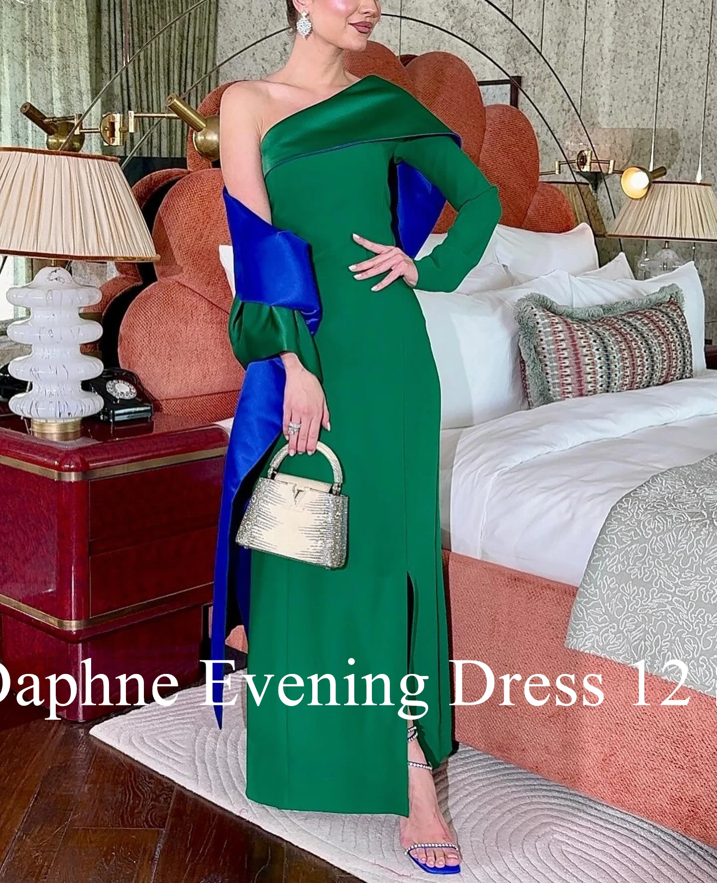 Customized Temperament One Shoulder Long Sleeves Pleats Evening Dresses Classic Contrast Color Vestido De Festa Vestido De Noche