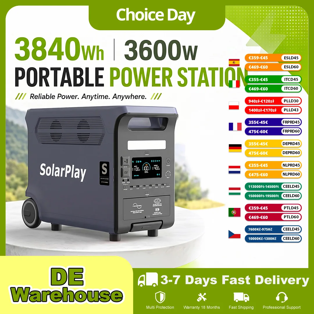 SOLARPLAY 3600W Tragbares Kraftwerk 3840Wh LiFePO4-Batterie, 3600W Hochleistungs-Solargenerator für Ganzhaus-Notstrom & Outdoor-Einsatz