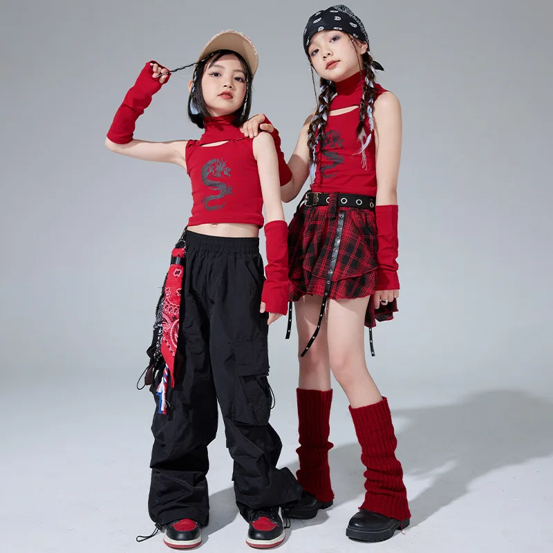 New Girls Jazz Dance Clothes Cheerleading Performance Outfit Wine Red Vest Plaid Skirt Kids Hip Hop Suit Kpop Stage Costumes