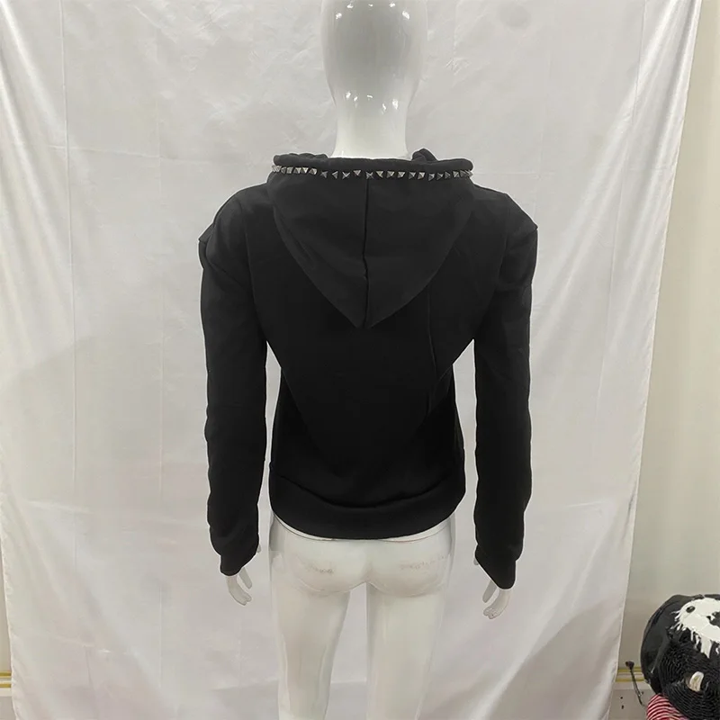 Y2K 뉴 이모 패션 리벳 지퍼 후드티 여성 하라주쿠 블랙 오버사이즈 후드티 고딕 레트로 클래식 스웨트셔츠 겨울 의류