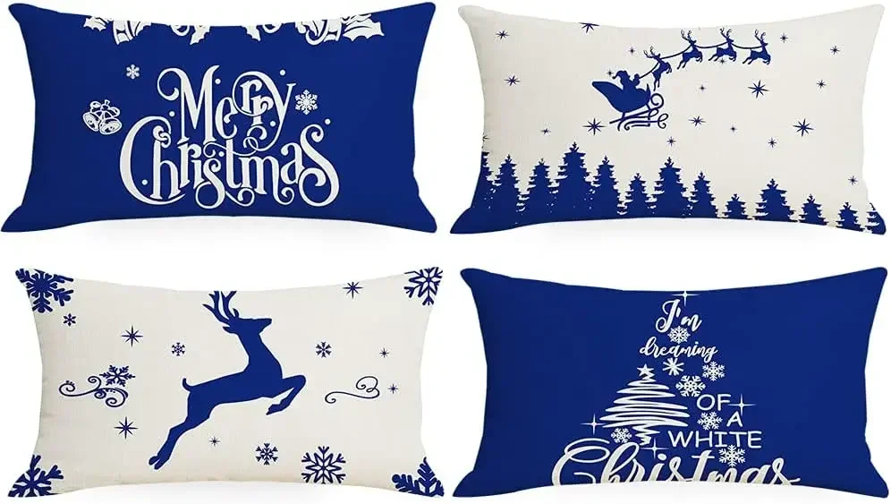 Blue Merry Christmas โยนหมอน Cover, ตกแต่งภายในบ้านปลอกหมอนโซฟาเบาะรองนั่ง 30x50 ซม