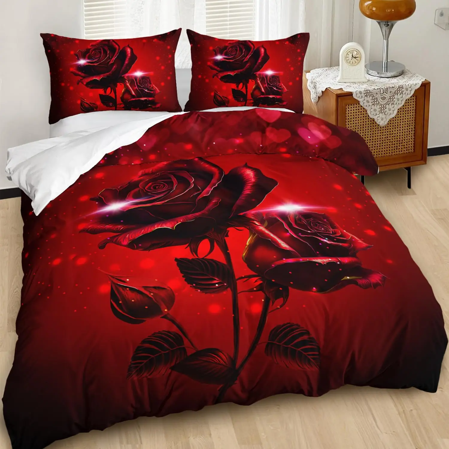 Rose Duvet Cover Full King Floral Bedding Set Boys Girls Room Decor Botanical Flower Valentine's Day Romantic Comforter Cover