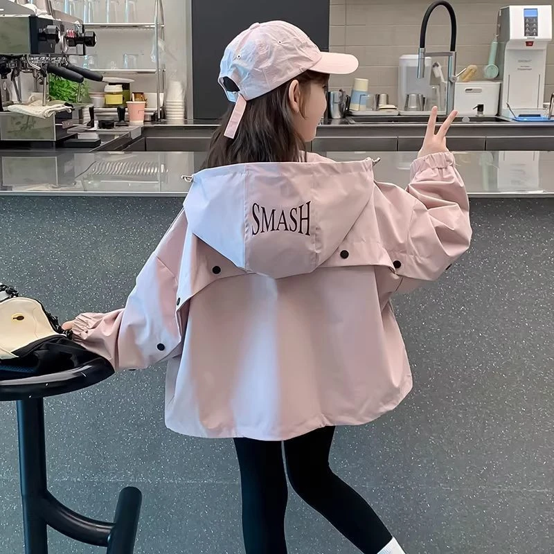 Spring Autumn New Girls Jacket Solid Color Letter Print Hooded Trench Coat For 4-12 Years Teen Girls Casual Outdoor Jacket