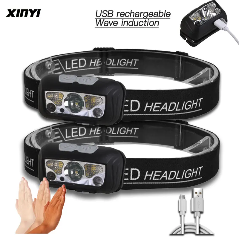 바디 모션 센서가 있는 미니 LED 헤드램프, USB 충전식 헤드라이트, 흰색 + 빨간색 모드, 캠핑 손전등, 헤드 라이트 램프