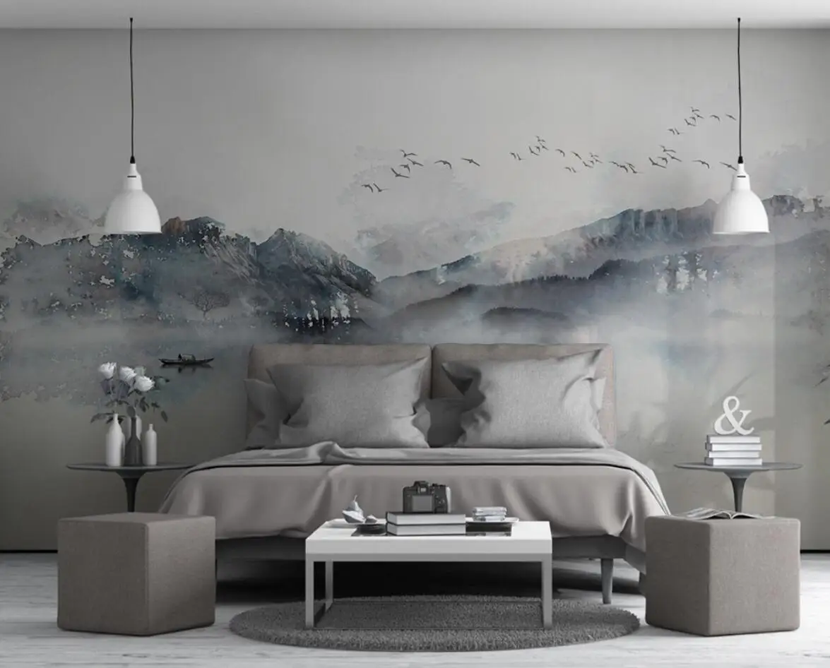 Chinese landscape misty bird background decorative painting self-adhesive material custom size 3d wallpaper relief oil painting