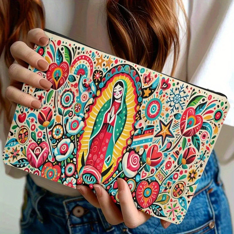 One Makeup Bag Featuring Floral Illustrations of Our Lady of Guadalupe, Double-Sided Print | Travel Toiletry Bag