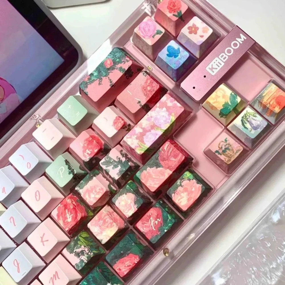 Imagem -03 - Rose Garden Keycap para Teclado Cereja Pbt Processo de Sublimação de Cinco Lados Lindo Castelo Flor Rosa Romance 145 Chaves