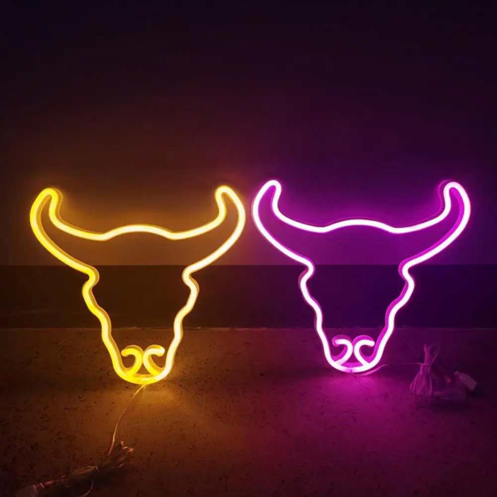 LED Neon Light USB/Battery Operated Non-Glaring Flicker Free Bull Head Neon Sign Lamp Desktop Decoration