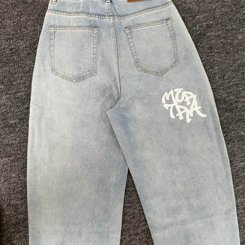 جينز Mertra أزرق مغسول لعام 2025 للرجال والنساء 1:1 أفضل جودة مطرزة بشعار عتيق مستقيم الساق من قماش الدنيم #5